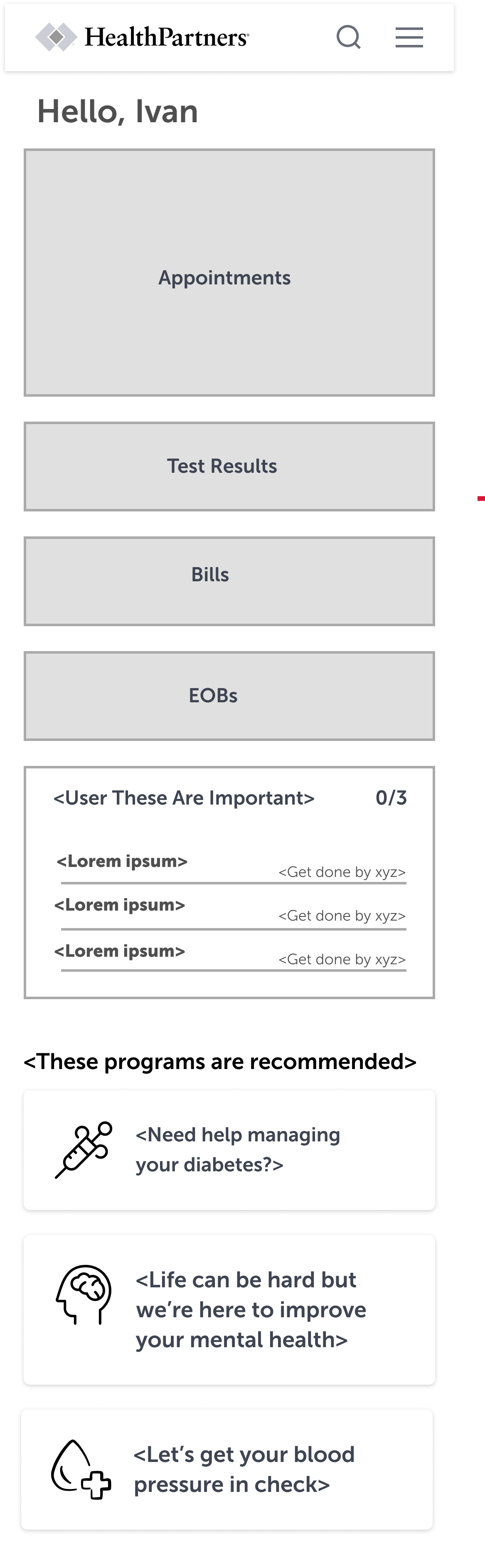 Low fidelity wireframe option 1