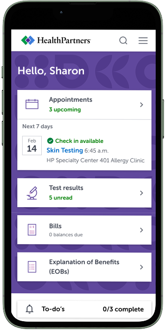 Health Partners My Dashboard redesign shown on a phone