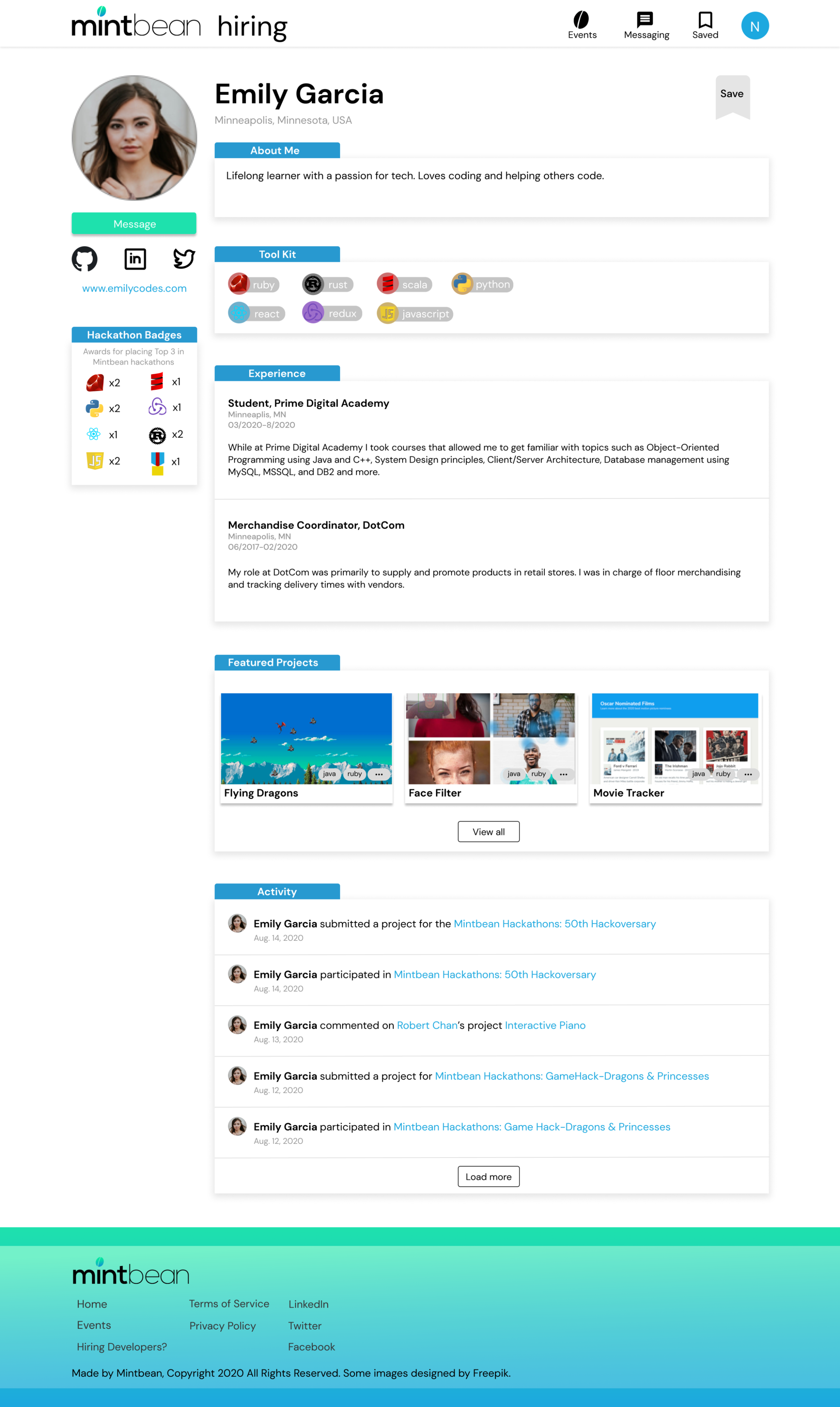 High fidelity mockup of the redesigned Mintbean developer profile